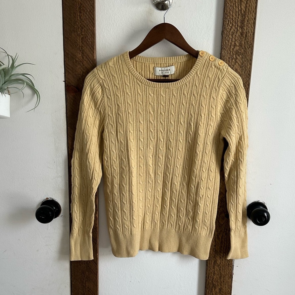 Sonoma Womens Sweater sz medium Yellow Cable Knit Long Sleeve Crew Neck Pullover